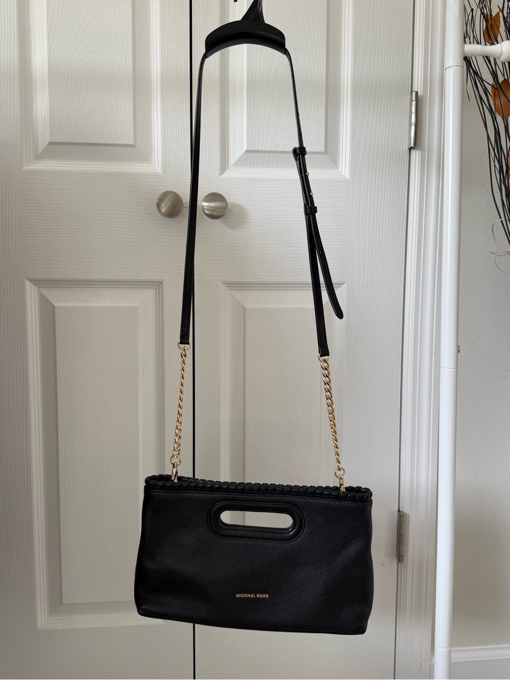 Michael Kors Black Leather Crossbody with Gold Chain Accents